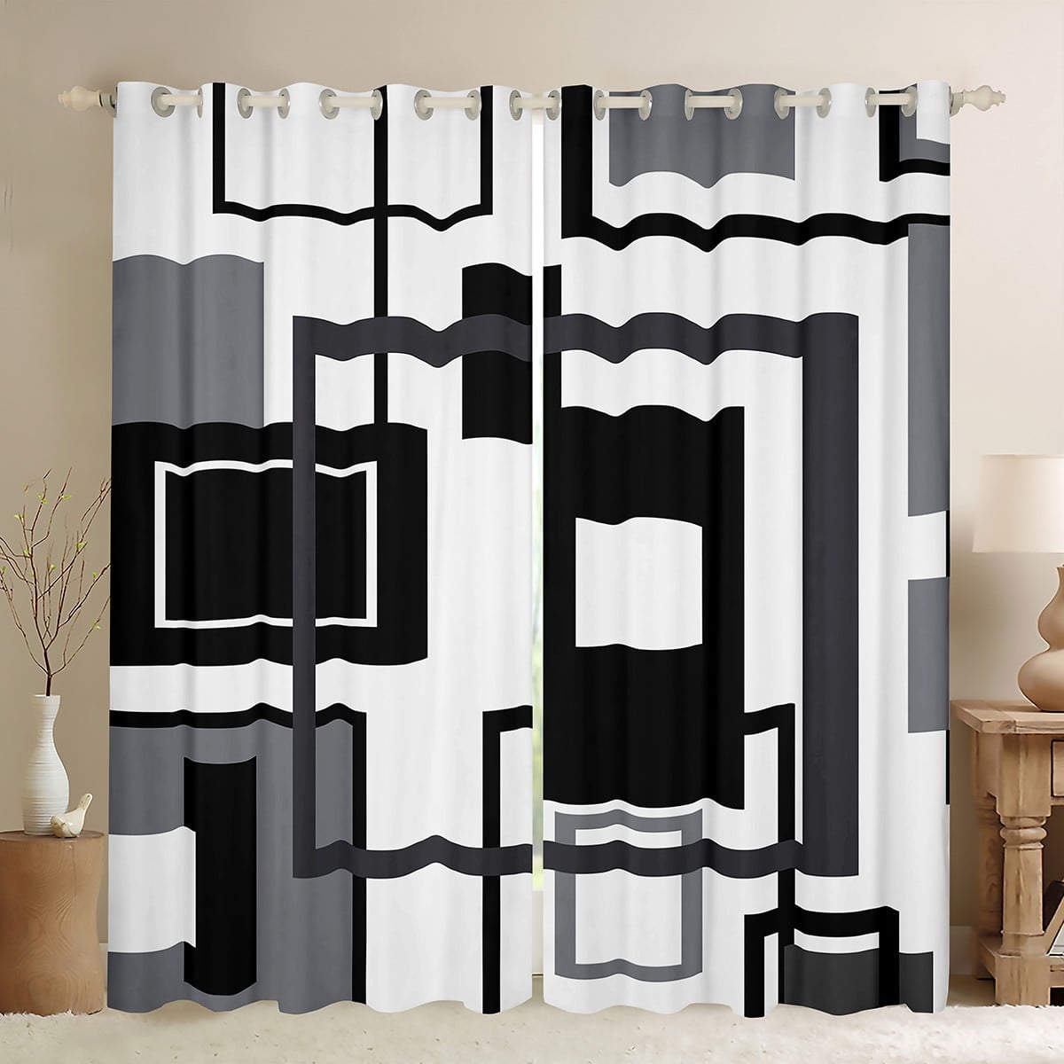 Erosebridal Black White And Grey Window Curtains 42"Wx84"L For Men,Abstract Geometric Blackout Curtains Geometry Square Striped Window Curtains Simple Lines Curtains 2 Panels Modern Bedroom Decor