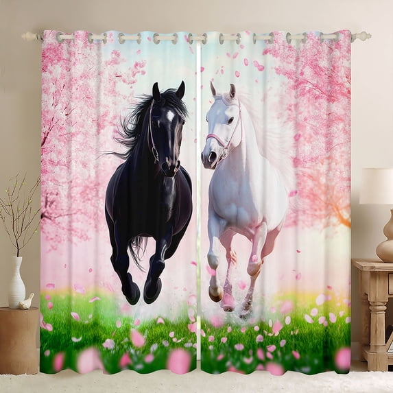 Erosebridal Black White Horse Black Out Curtains, Pink Florals Curtains Pack of 2 (42x63 Each)