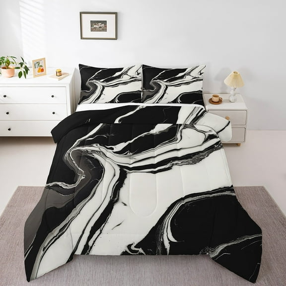 Erosebridal Black White Marble Comforter Sets King Size, Foil Print Comforters & Duvets, Mountain Fluid Stone Pattern Bedding King Comforter Set, Breathable Room Decorative, 3-Piece