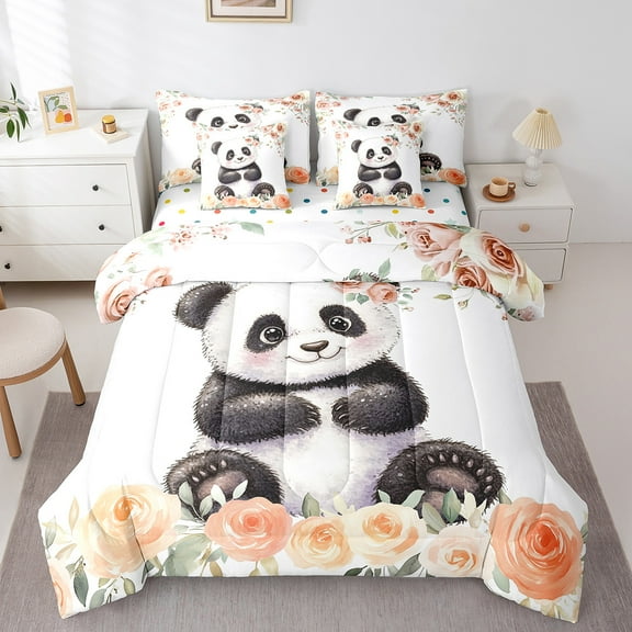 Erosebridal Black White Panda Bedding Queen Size,Floral Flower Bedding Sets Queen Size,Kawaii Animal Comforter Sets with Sheets,Super Cozy Cute Room Decorative,Reversible,7 Pieces