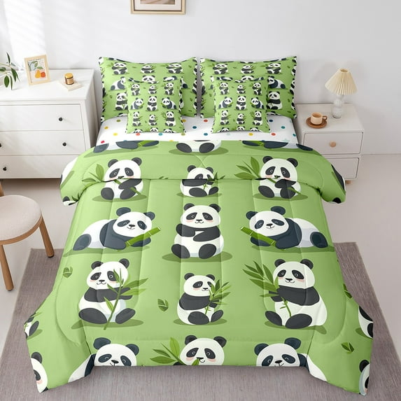 Erosebridal Black White Panda Bedding Twin Size,Cartoon Animal Bed Set,Plant Leaf Bedding Sets Twin Size For Teens,Microfiber Room Decoration Reversible,7pcs