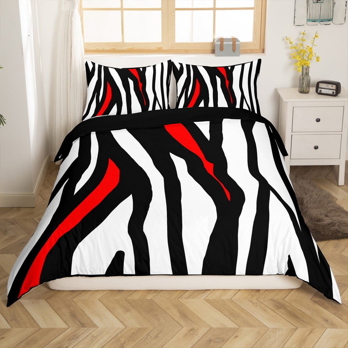 Erosebridal Black White Red Duvet Cover Queen, Abstract Lines Bedding ...