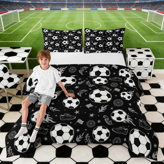Erosebridal Black White Soccer Full Size Comforter Sets, Sport Bedding Sets for Men and Boys, Reversible 3-Piece, 1 Comforter and 2 Pillowcases