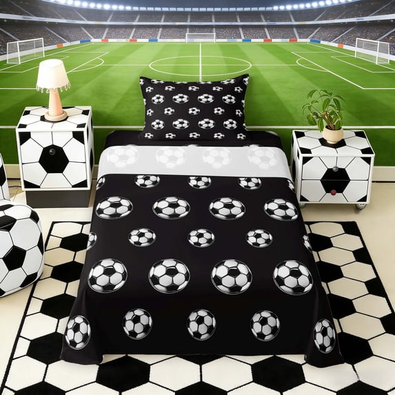 Erosebridal Black White Soccer Twin Sheet Sets, Sport Bedding for Boys and Girls, 3-Piece, 1 Flat Sheet, 1 Fitted Sheet and 1 Pillowcase