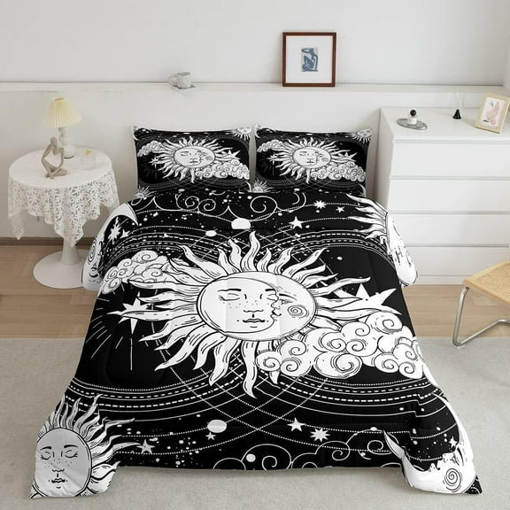 Erosebridal Black White Sun Moon Bedding Set Queen Size Hippie Comforter Set, Boho Exotic Home Decor Down Comforter Modern Teen Bohemian Indian Duvet Insert for Bedroom