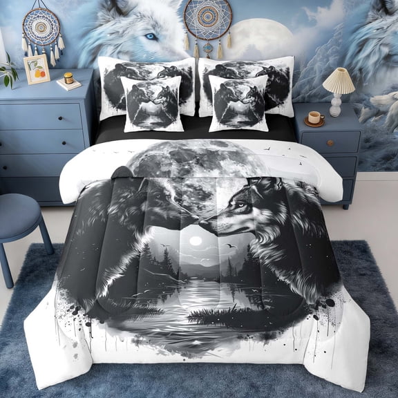 Erosebridal Black White Wolf Pair Moon Print Twin Bedding Sets, Wildlife Bedding Comforter Set for Men and Women, Black Reversible 7-Piece