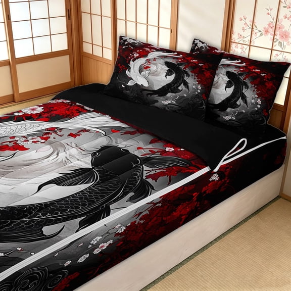 Erosebridal Black White Yin Yang Koi Zipper Twin Comforter Sets with Fitted Sheet and 2 Pillowcases for Men Women, Oriental Sakura Pond Zipper Bedding Set, Black Reversible, 4-Piece