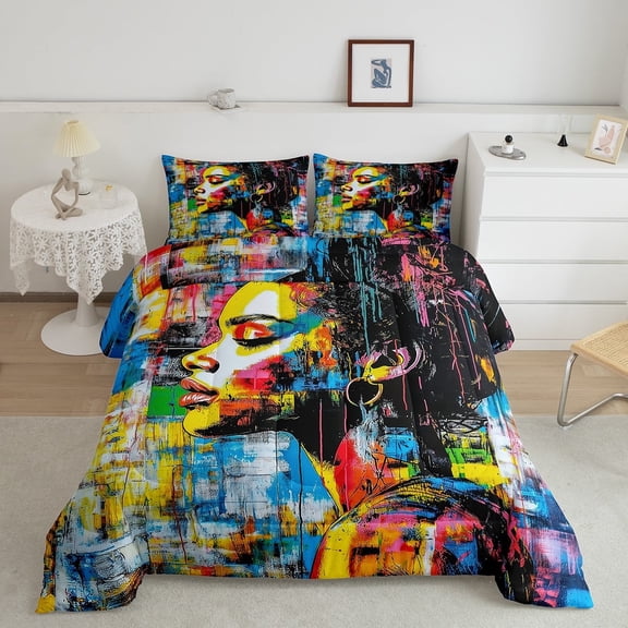 Erosebridal Black Woman Bedding Queen Comforter Set, Colorful Graffiti Down Comforter, Modern Art Decor, Reversible 3-Piece