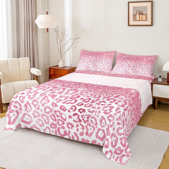 Erosebridal Bling Cheetah Print Girl Bed Sheets 4pcs,Teens Leopard Print Glitter Print King Sheets,Pink White