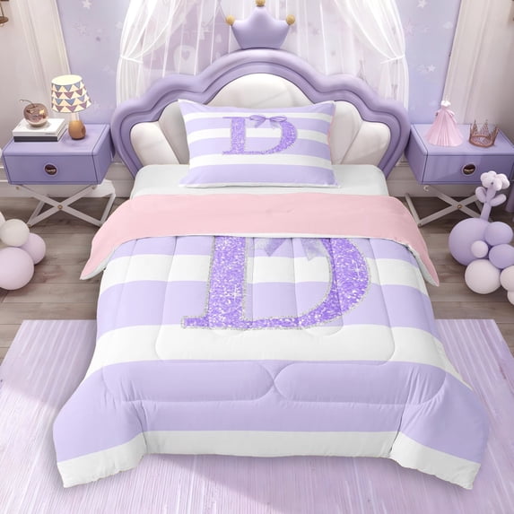 Erosebridal Bling Glitter Print Stripes Twin Comforter Sets 3-Piece For Boys Girls,Teens Purple Bow D Letter Monogrammed Bedding Set,Pink Reversible