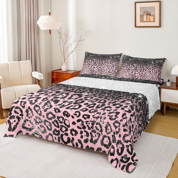 Erosebridal Bling Leopard Print Glitter Print Full Size Sheets 4-Piece For Girls,Abstract Cheetah Print Bed Sheets For Teens