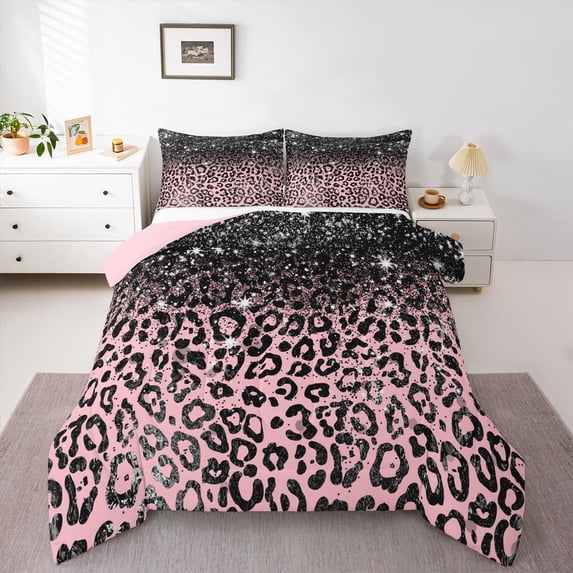 Erosebridal Bling Leopard Print Glitter Print Queen Comforter Set 3pcs For Girls,Abstract Cheetah Print Bedding Comforter Set For Teens,Pink Reversible