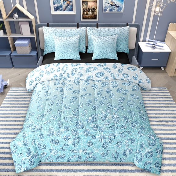 Erosebridal Bling Print Bedding Queen Size,Absrtact Leopard Print Bed Set,Blue Aesthetic Bedding Sets Queen Size,Microfiber Bedroom Decor Reversible,7pcs