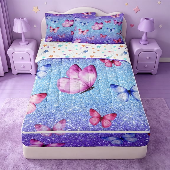 Erosebridal Bling Print Butterfly Zipper Twin Comforter Sets with Fitted Sheet and 2 Pillowcases,Fly Animals Zipper Bedding Set For Girls,Colorful Stars Reversible,4 Pieces
