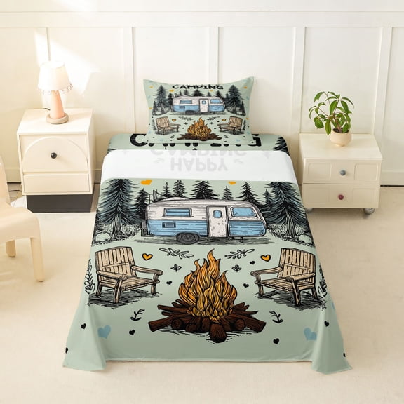 Erosebridal Blue Adventure Car Twin Sheet Sets 3pcs For Boys Girls,Kids Teens Happy Camping Bedding