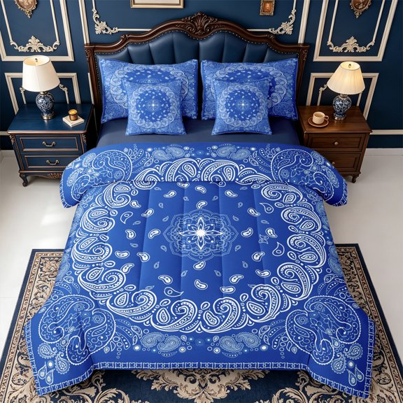 Erosebridal Blue Bandana 7pcs Queen Bedding,Nature Art Bedding Comforter Set Queen,Navy Blue Reversible