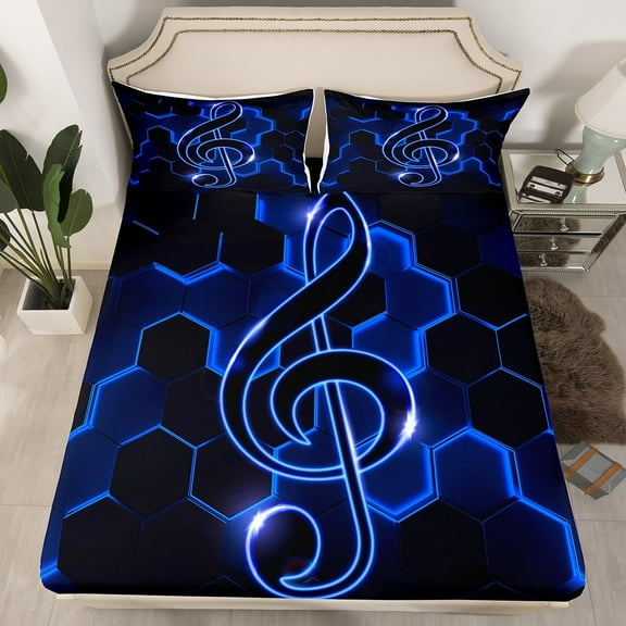 Erosebridal Blue Black Bed Sheets Musical Treble Clef Fitted Sheet Twin Size, Glowing Honeycomb Sheets Music Theme Bedding, Classic Jazz Music Bed Cover Luxury Musician Popstar Room Decor
