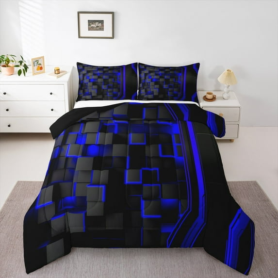 Erosebridal Blue Black Buffalo Bedding King Comforter Set,Abstract Geometric Down Comforter,Patchwork Geometry Bedding Sets King with Comforter,Breathable Bedroom Decor Reversible,3-Piece