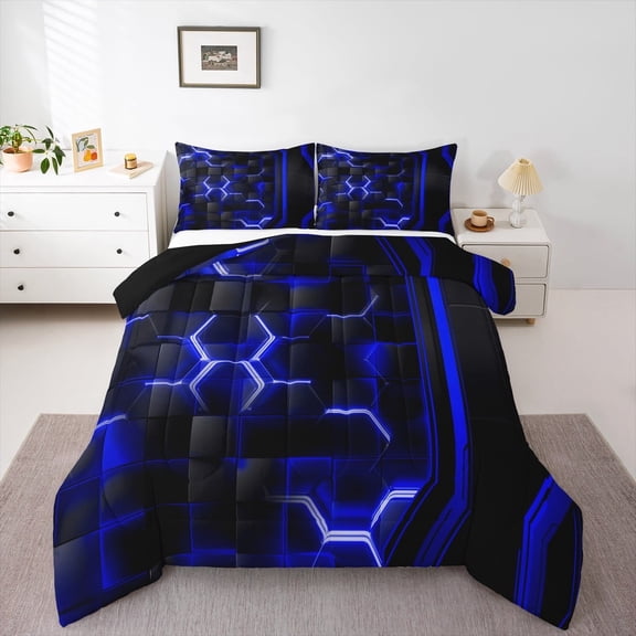 Erosebridal Blue Black Buffalo Comforter Sets Full Size,Abstract Geometric Comforters & Duvets,Geometry Honeycomb Bedding Full Comforter Set,Breathable Bedroom Decor Reversible,3 Pieces