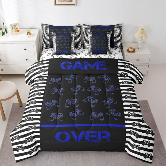 Erosebridal Blue Black Gameped Bed in a Bag Twin Size,Game Over Print Bed Set,Black White Stripes Bedding Twin Size For Youth, Microfiber Bedroom Decor Reversible,7 Pieces