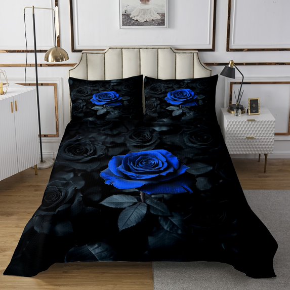 Erosebridal Blue Black Rose Bedspread Queen Size Rose Floral Flower Quilted Coverlet Garden Flower Coverlet Set Romantic Valentine's Day Quilted Room Decor