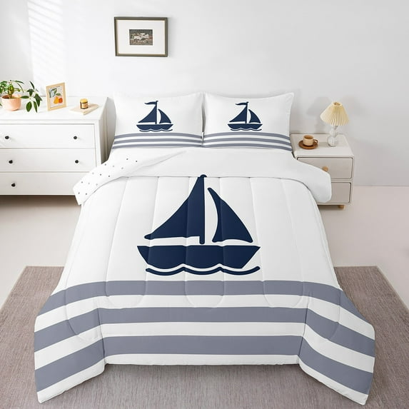 Erosebridal Blue Boat Comforter Sets,Ocean Sea Comforters & Duvets,Nautical Room Decorative,Reversible,Breathable,2Pcs