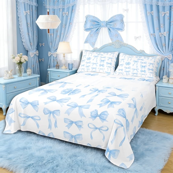 Erosebridal Blue Bow Bed Sheets 4pcs for Kids Girls,Kawaii Ribbon Bowtie King Sheets for Teens Women,Lightweight Room Decor