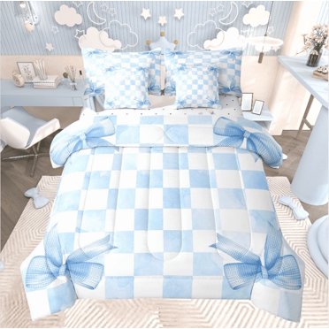 Erosebridal Blue Bow Bedding Sets Twin Size,Geometric Buffalo Comforter Sets with Sheets,Princess Bedroom Decor,Reversible,Lightweight,7-Piece