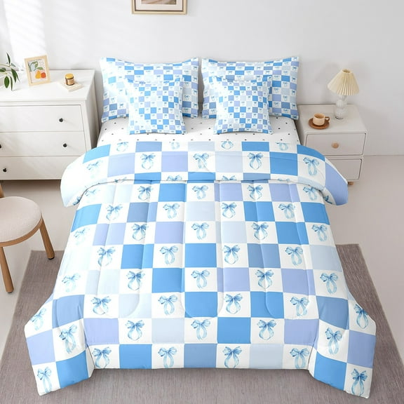 Erosebridal Blue Bow Bedding Sets Twin Size,Kawaii Bowknot Comforter Sets with Sheets,Geometric Plaid Bed in a Bag Twin size,Microfiber Cute Bedroom Decoration,Reversible,7-Piece