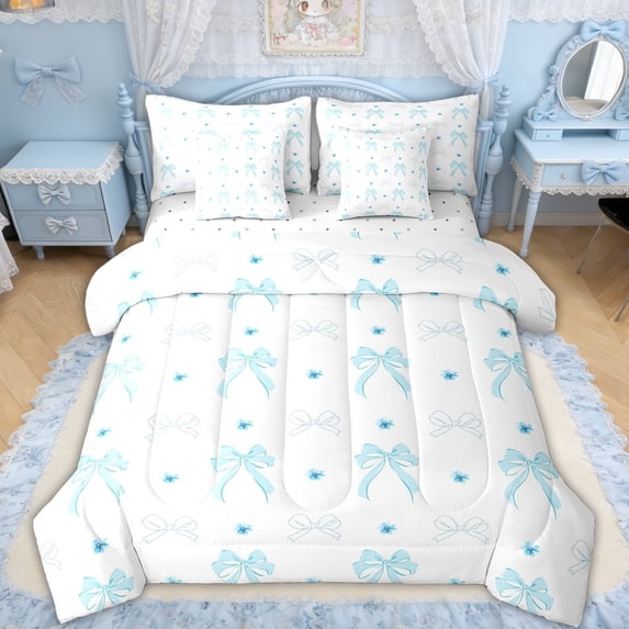 Erosebridal Blue Bow Flower Twin Bedding Sets for Girls, Cartoon Ribbon Bedding Comforter Set for Kids Teens, Reversible, 7-Piece