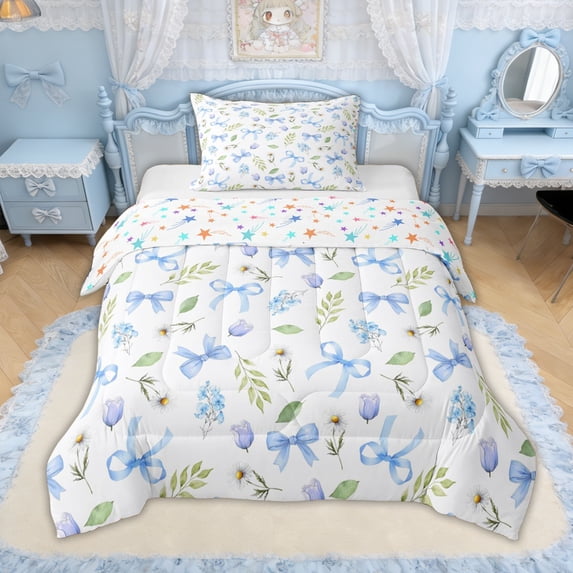 Erosebridal Blue Bow Flower Twin Comforter Sets for Girls, Groovy Tulip Bedding Set, Colorful Stars Reversible, 2 Pieces
