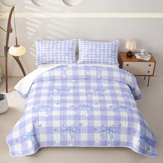 Erosebridal Blue Bow Gingham Quilt King, Princess Style King Coverlet Set for Girls, 3 Pieces