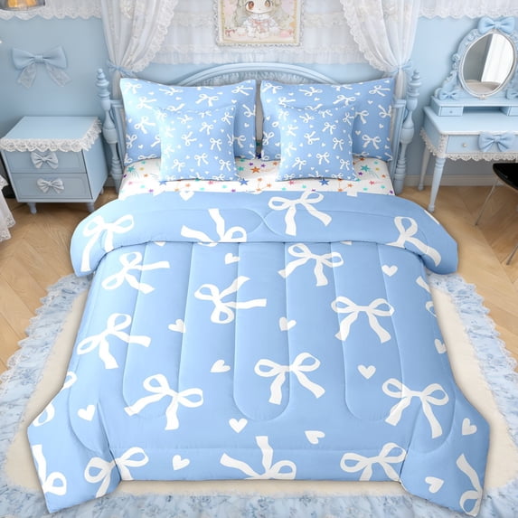 Erosebridal Blue Bow Love Heart Bedding Comforter Set for Boys Girls, Cute Ribbon Full Bedding Set, Colorful Stars Reversible, 7pcs