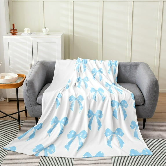 Erosebridal Blue Bow Plush Throw Blanket Throw 50"x60" Dreamy Princess Bow Blanket Room Decor Kawaii Cute Bowknot Flannel Fleece Blanket