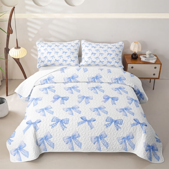 Erosebridal Blue Bow Quilt King for Boys Girls, Buffalo Plaid Ribbon King Coverlet Set, 3pcs