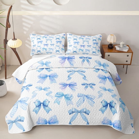 Erosebridal Blue Bow Quilt King for Boys Girls, Cute Princess Ribbon King Coverlet Set, 3pcs