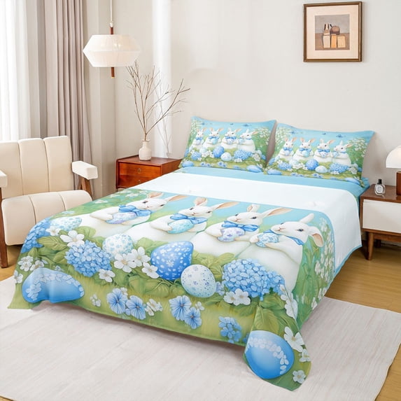 Erosebridal Blue Bow Rabbit Kid Full Size Sheets, Easter Eggs Flower Bed Sheets, 4pcs