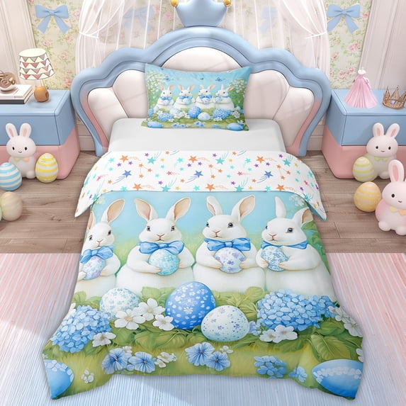 Erosebridal Blue Bow Rabbit Kid Twin Bedding, Easter Eggs Flower Duvet Cover Set, 2pcs, No Comforter