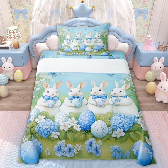 Erosebridal Blue Bow Rabbit Kid Twin Sheet Sets, Easter Eggs Flower Bedding, 3pcs