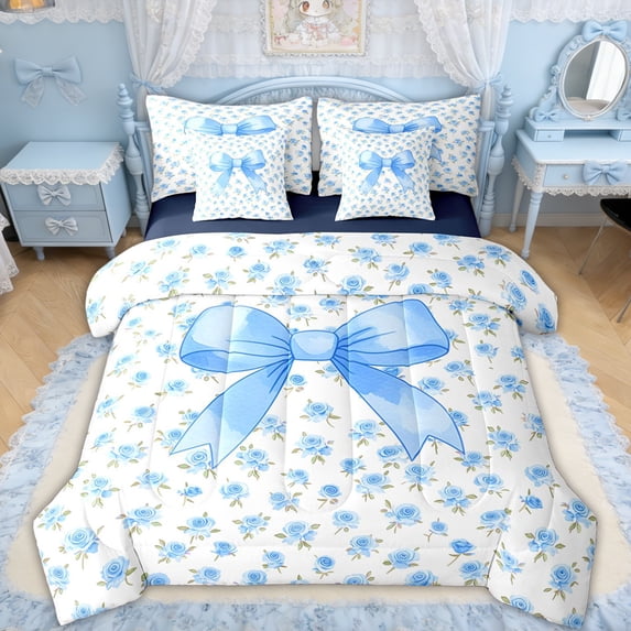 Erosebridal Blue Bow Rose Bedding Comforter Set for Boys Girls, Watercolor Ribbon Full Bedding Set, Blue Reversible, 7 Pieces