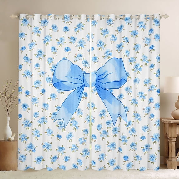 Erosebridal Blue Bow Rose Black Out Curtains for Boys Girls, Watercolor Ribbon Curtains Pack of 2 (42x63 Each)