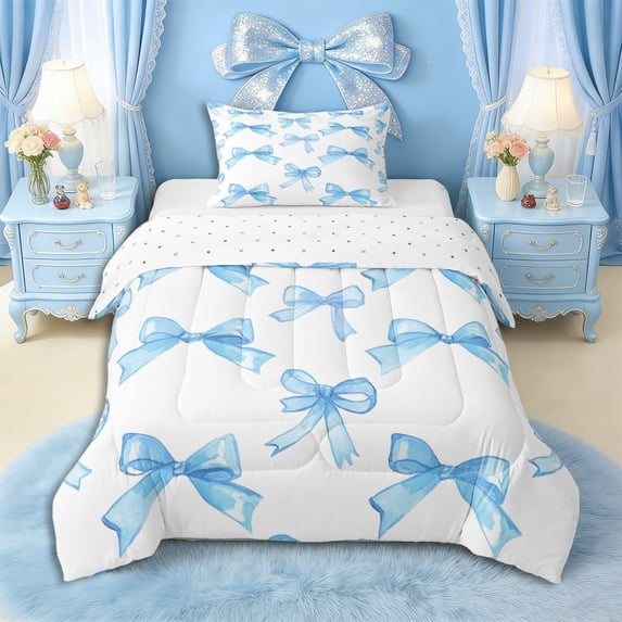Erosebridal Blue Bow Tie Twin Comforter Sets 3-Piece for Kids Girls,Dreamy Princess Bowknot Bedding Set for Teens Women,Luxury Bedroom Decor