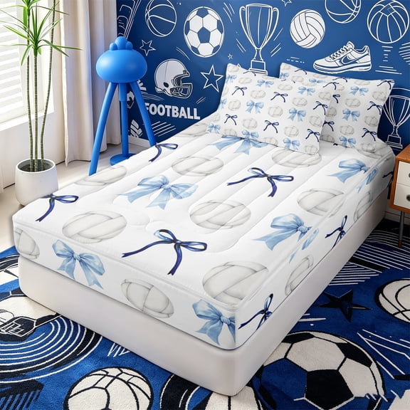 Erosebridal Blue Bow Volleyball Print Zipper Twin Comforter Sets with Fitted Sheet and 2 Pillowcases,Watercolor Ribbon Ball White Base Accent Zipper Bedding Set,Sky White,4-Piece,Grey Reversible