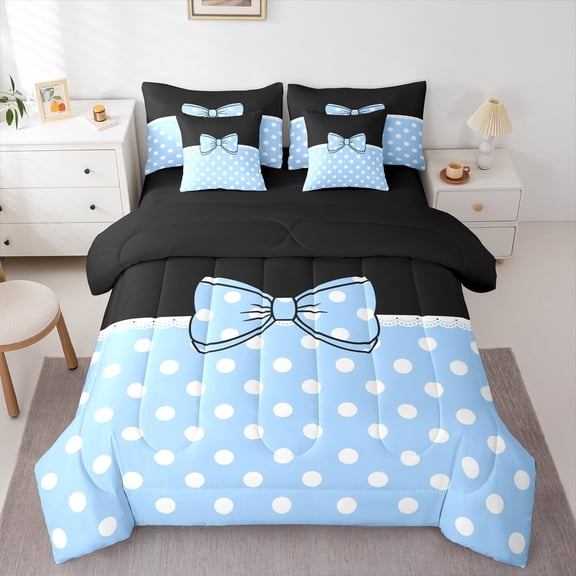 Erosebridal Blue Bow-tie Bedding Twin Size, Princess Bowknot Bed in a Bag Twin size, Cute Polka Dot Decor, Reversible