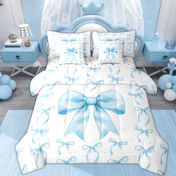 Erosebridal Blue Bow-tie Girls Twin Bedding Sets 7-Piece, Watercolor Ribbon Bedding Comforter Set