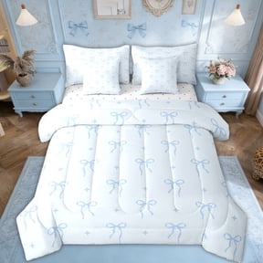 Erosebridal Blue Bow-tie Kids Twin Bedding Sets, Princess Ribbon Stars Bedding Comforter Set, 7 Pieces
