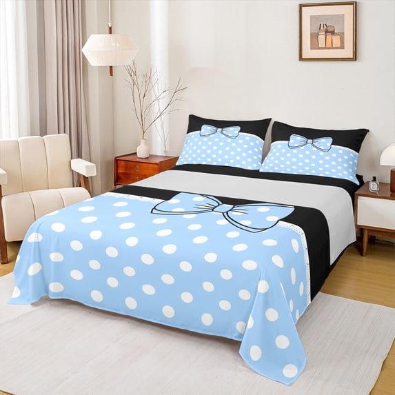 Erosebridal Blue Bow-tie Sheet Set Twin, Princess Bowknot Bedding Sets Twin Size, Cute Polka Dot Decor