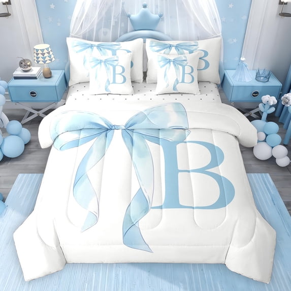 Erosebridal Blue Bowknot Bedding Comforter Set for Girls, Monogrammed B Full Bedding Set, Reversible 7-Piece