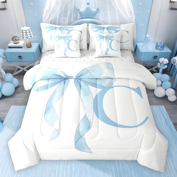 Erosebridal Blue Bowknot Bedding Comforter Set for Girls, Monogrammed C Queen Bedding Sets, Reversible 7pcs