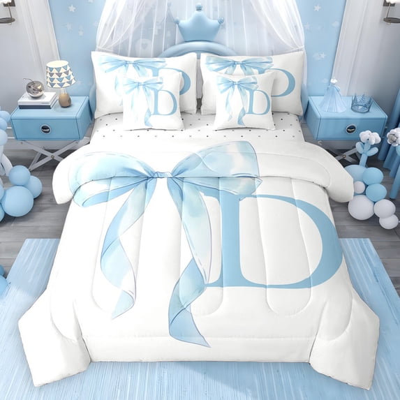 Erosebridal Blue Bowknot Bedding Comforter Set for Girls, Monogrammed D Full Bedding Set, Reversible 7 Pieces